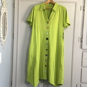 NWT SOFT SURROUNDINGS Danielle Lime Green Artsy Button Cotton Dress L